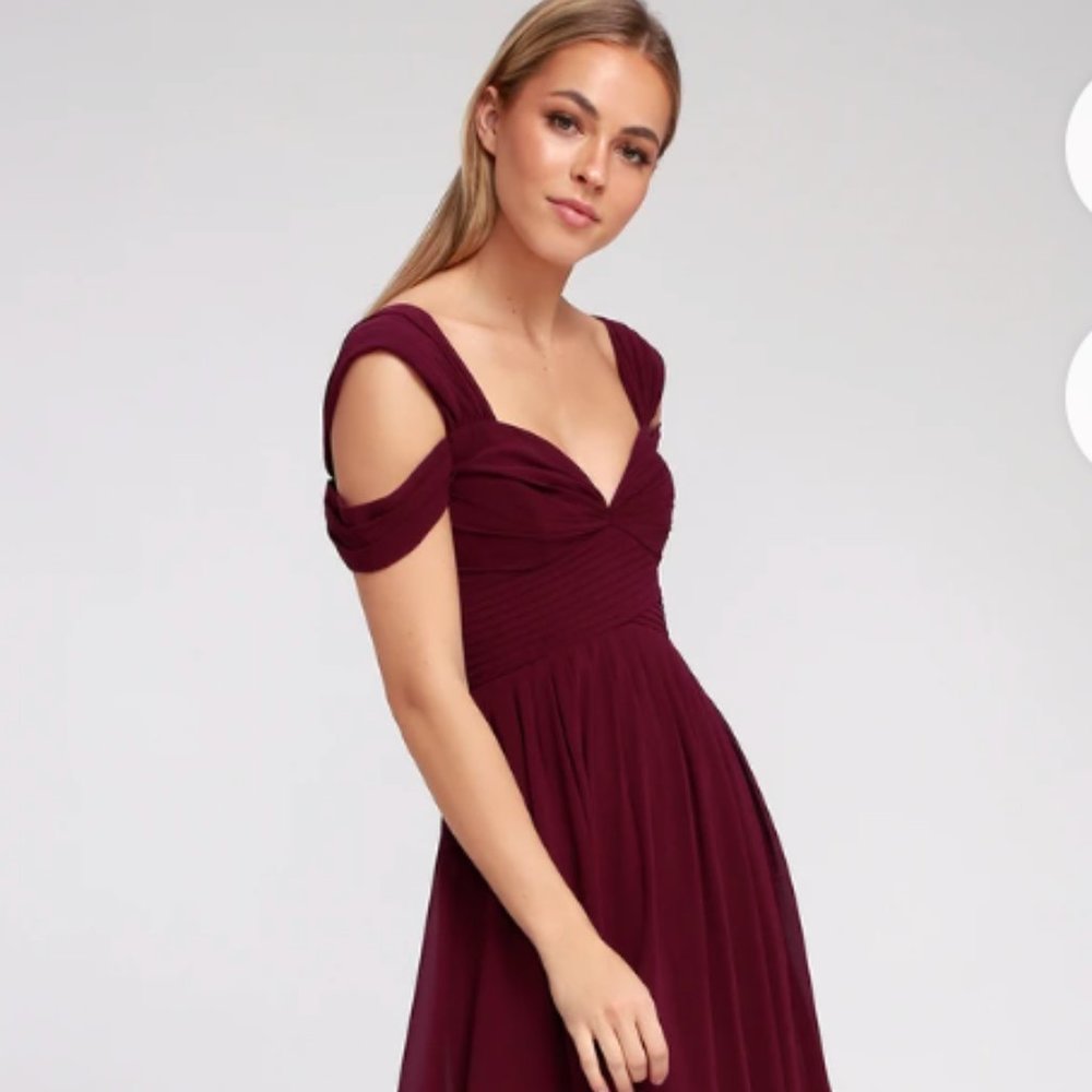 Lulus Harmonious Love Burgundy Off-the-Shoulder Maxi Dress